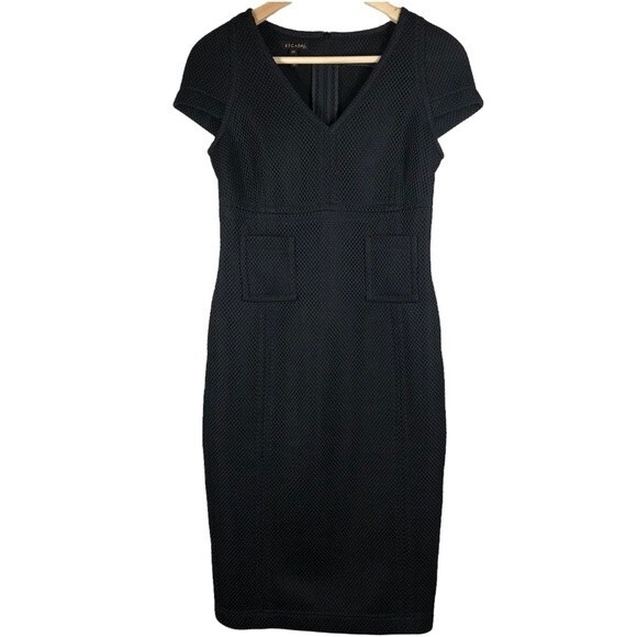 Escada Mesh Sheath Dress Patch Pockets Black Cap Sleeve 34 - Picture 1 of 8